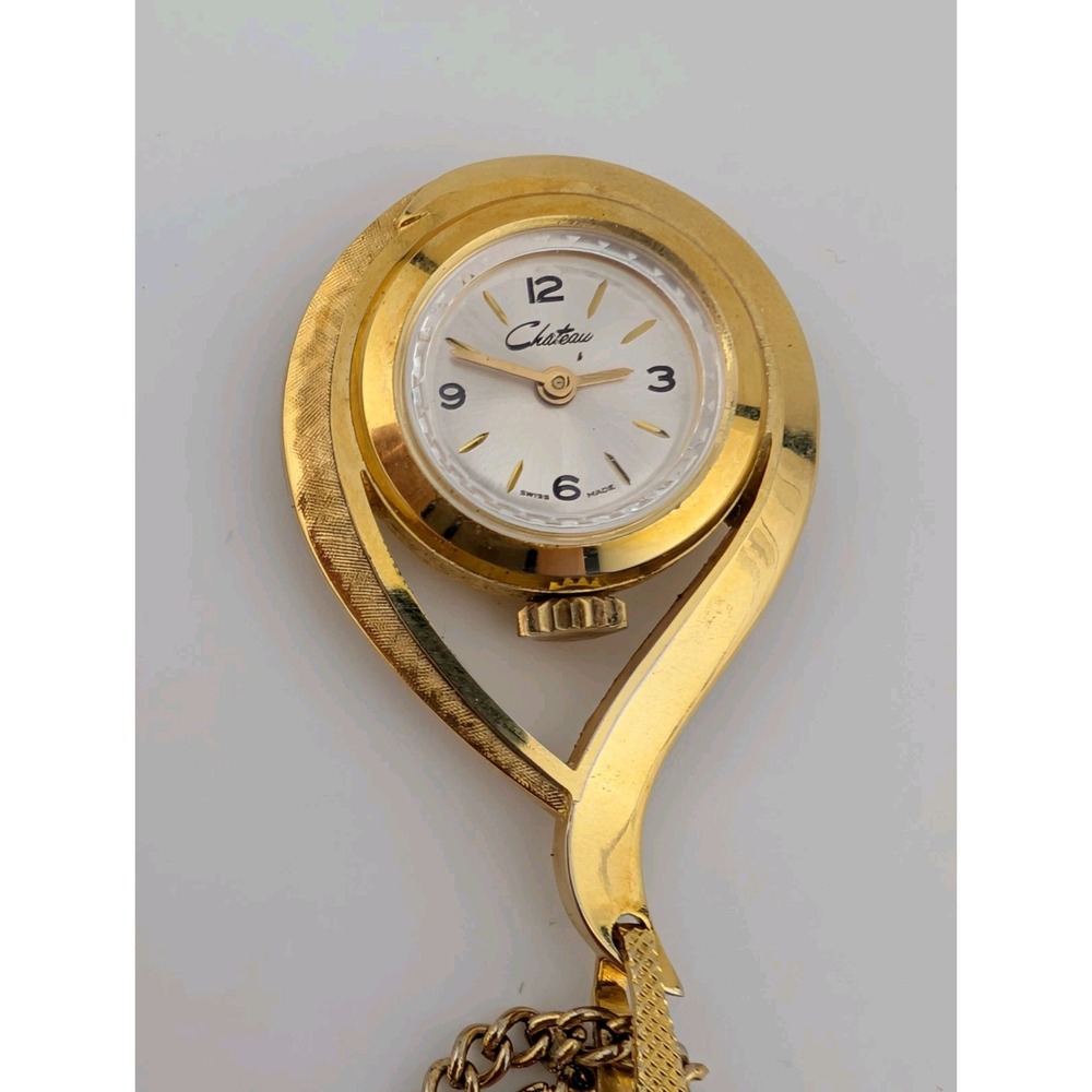 Vintage New 1960s Chateau Swiss Mechanical‎ Pendant Watch Gold Case w/ Chain